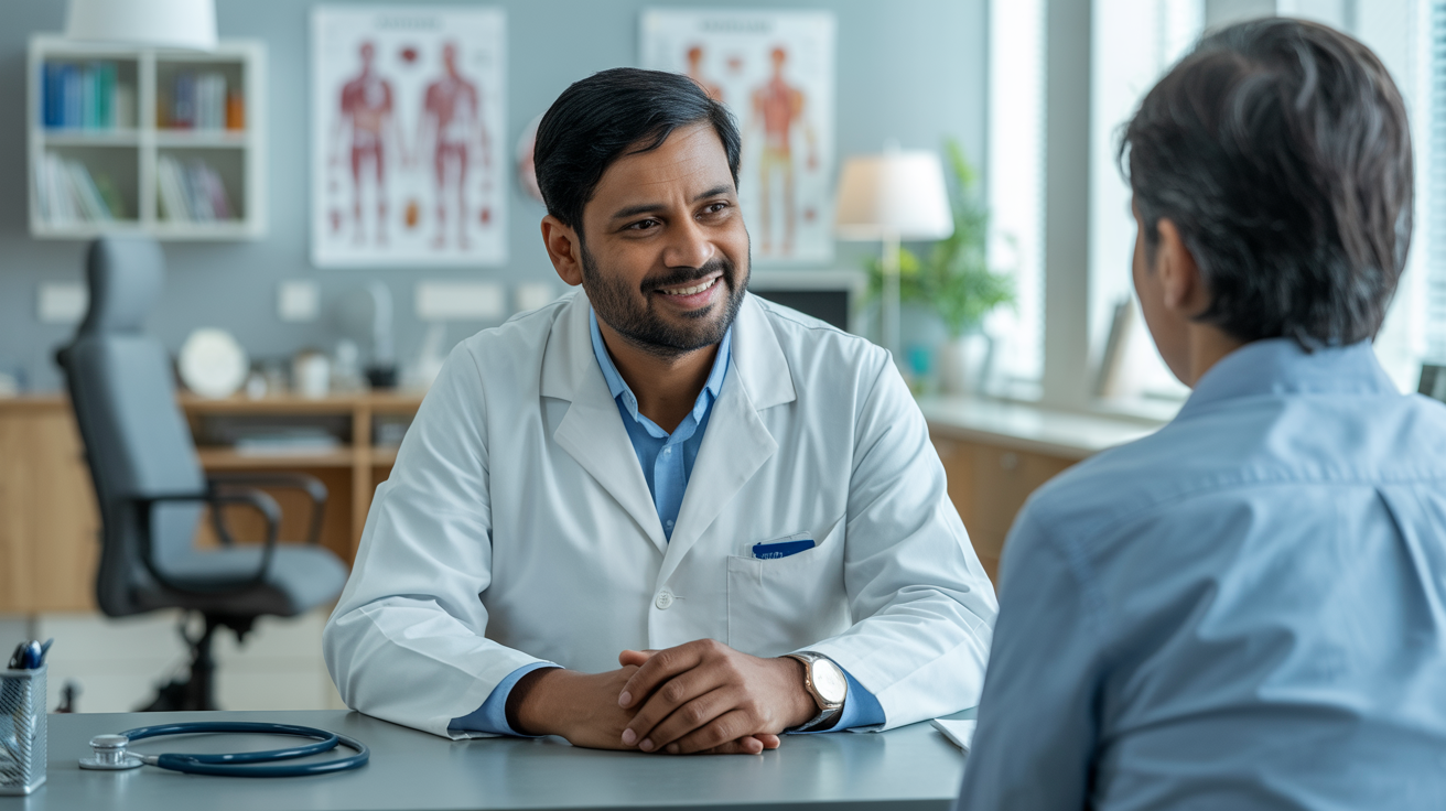 Indian physician consulting with a patient in a modern medical office