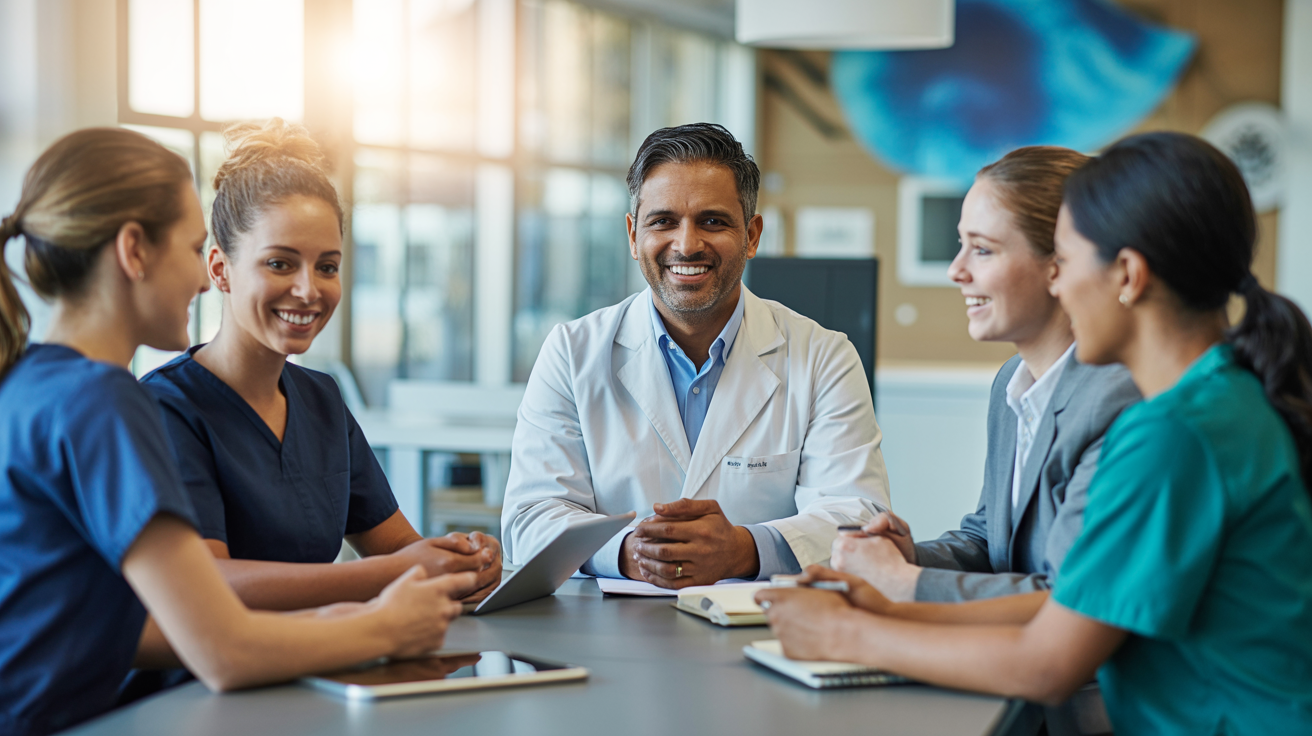 Dr. Benakanahalli and the clinic team discussing patient care around a conference table